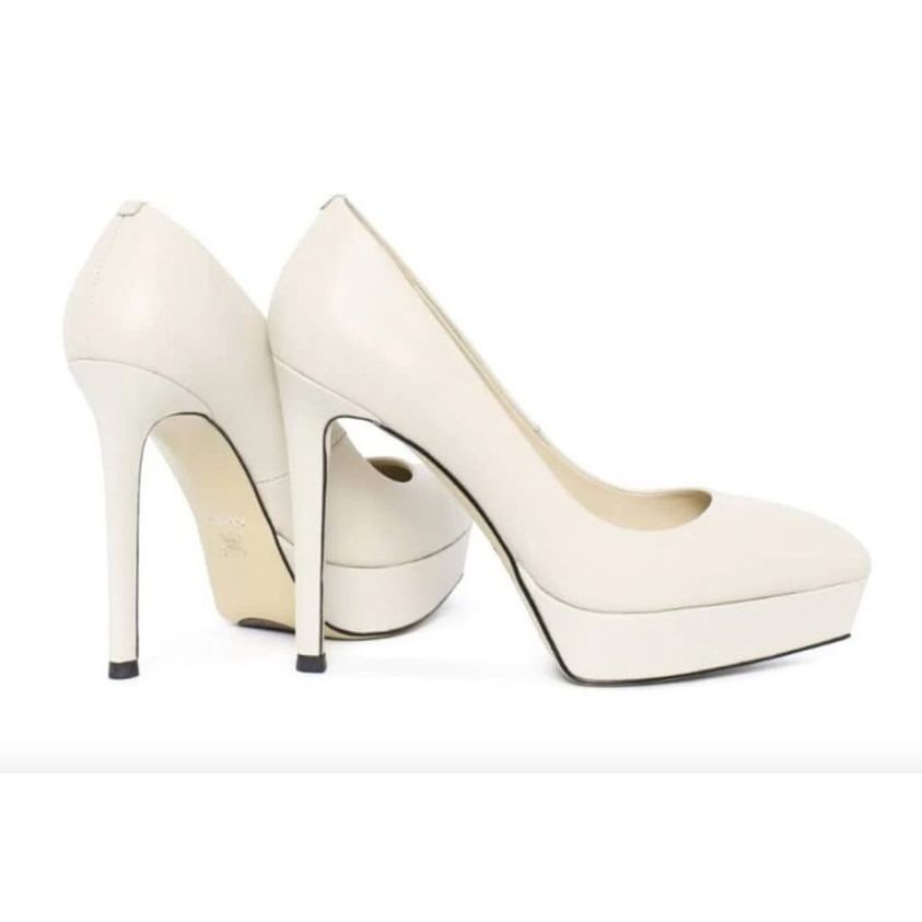 Pantofi stiletto din piele naturală albi cu toc clasic MILEENA