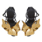 Sandale negre din piele naturală cu accesoriu floral auriu AMINA