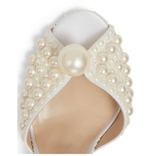 Sandale ivoire din piele naturală cu perle aplicate și toc gros DAPHNE