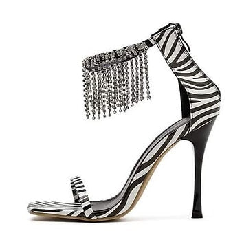 Sandale zebră cu franjuri argintii și toc stiletto KEHLANI