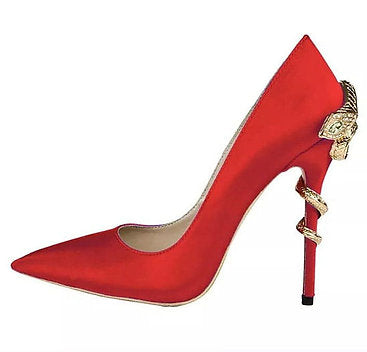 Pantofi stiletto piele satin roșu aprins cu toc șarpe IVY